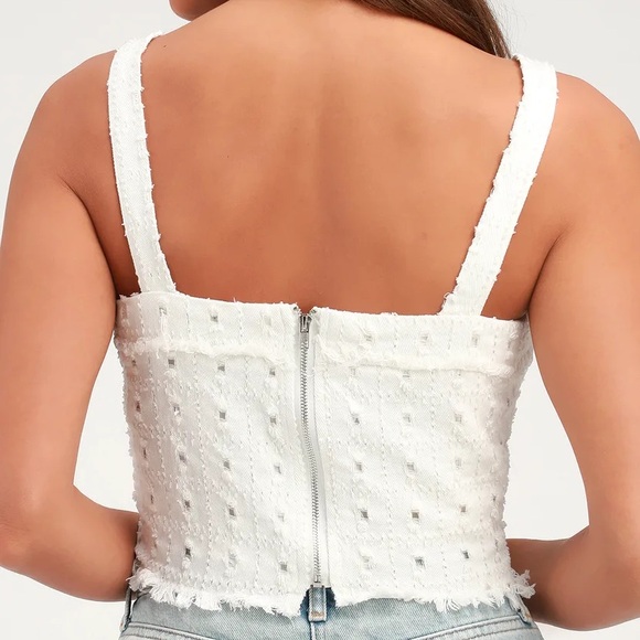 Lulu’s Downtown White Distressed Denim Sleeveless Crop Top - Picture 2 of 6